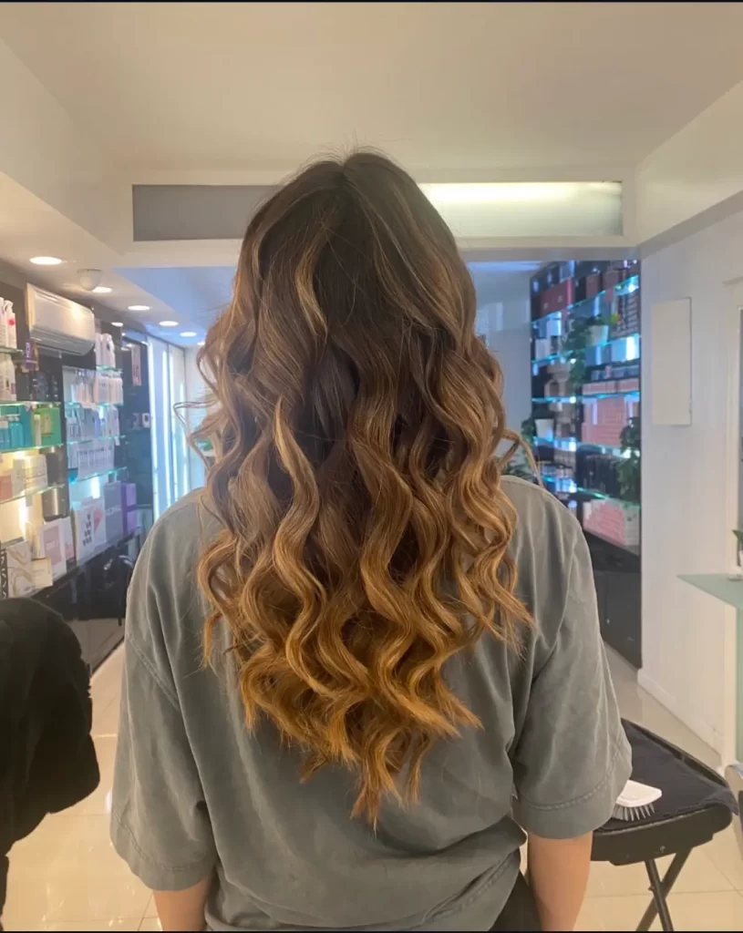 Close up view of a woman's brown hair with light blonde highlights. Her back is to us.